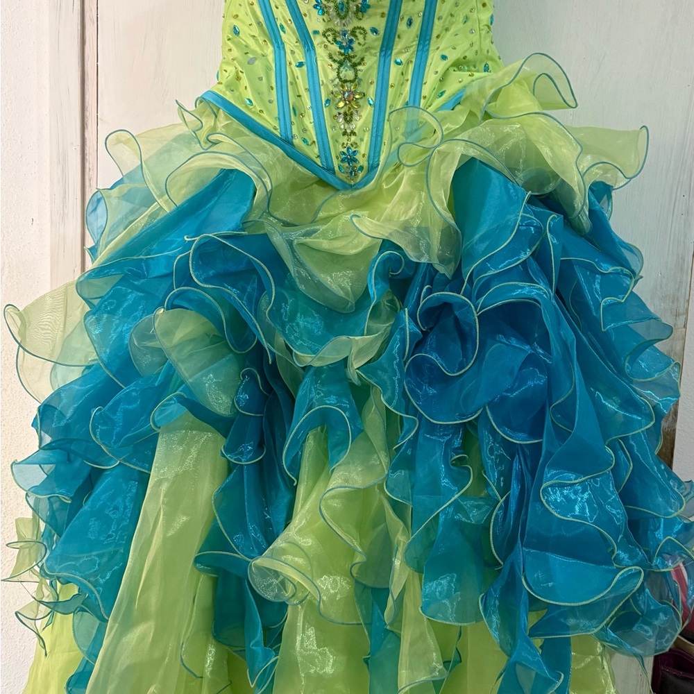 Vibrant Green and Blue Ruffled Dress